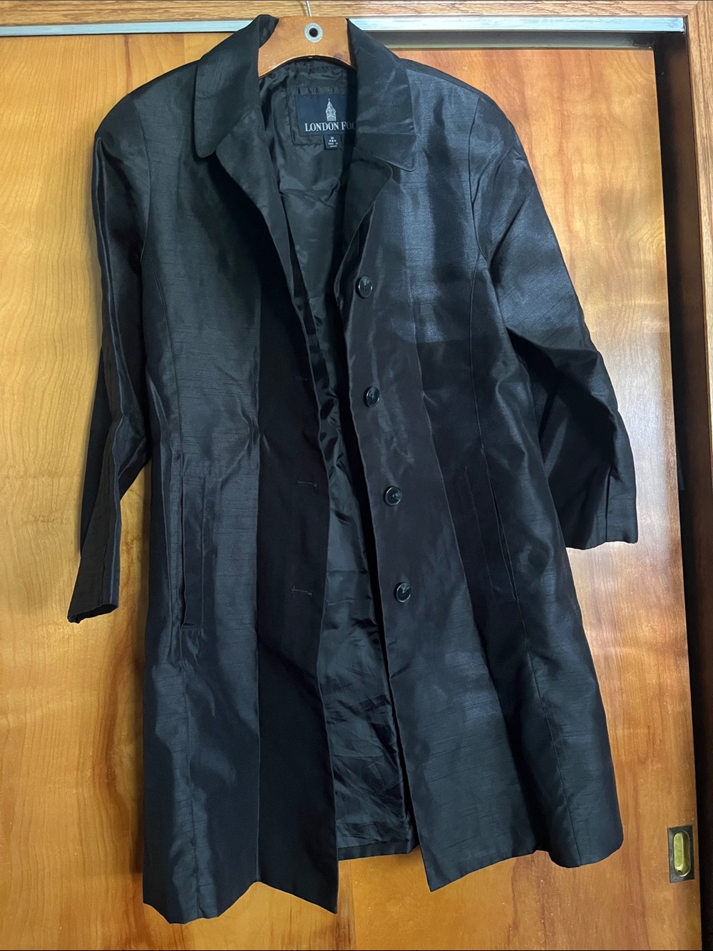 London Fog Womens Black Satin-Finish Trench Coat